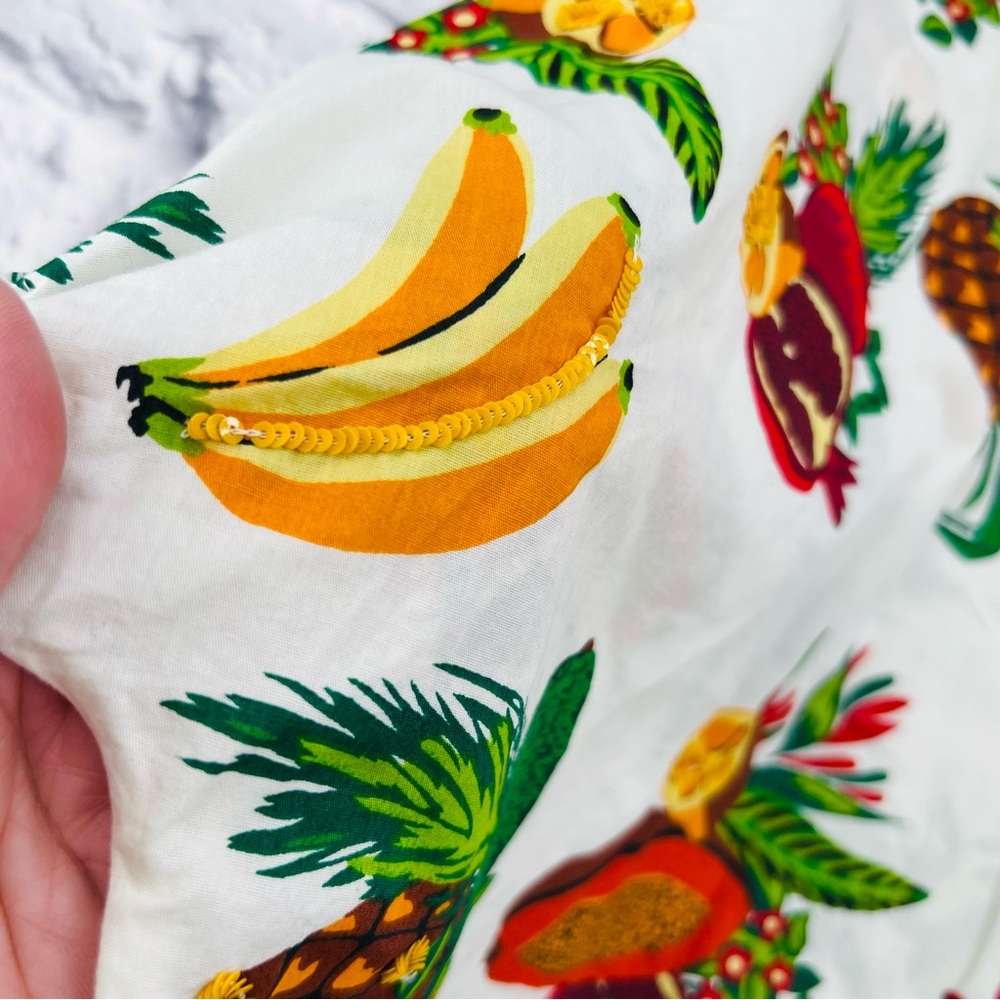 Zara White Cropped Blouse Tropical Fruit Print Medium Bell Sleeve Summer - Picture 6 of 8